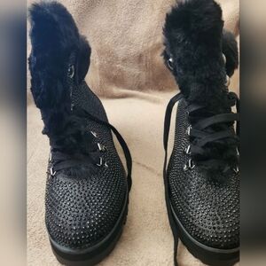 Black Fur-Trimmed Women's Boots W/ Blk Bling♡